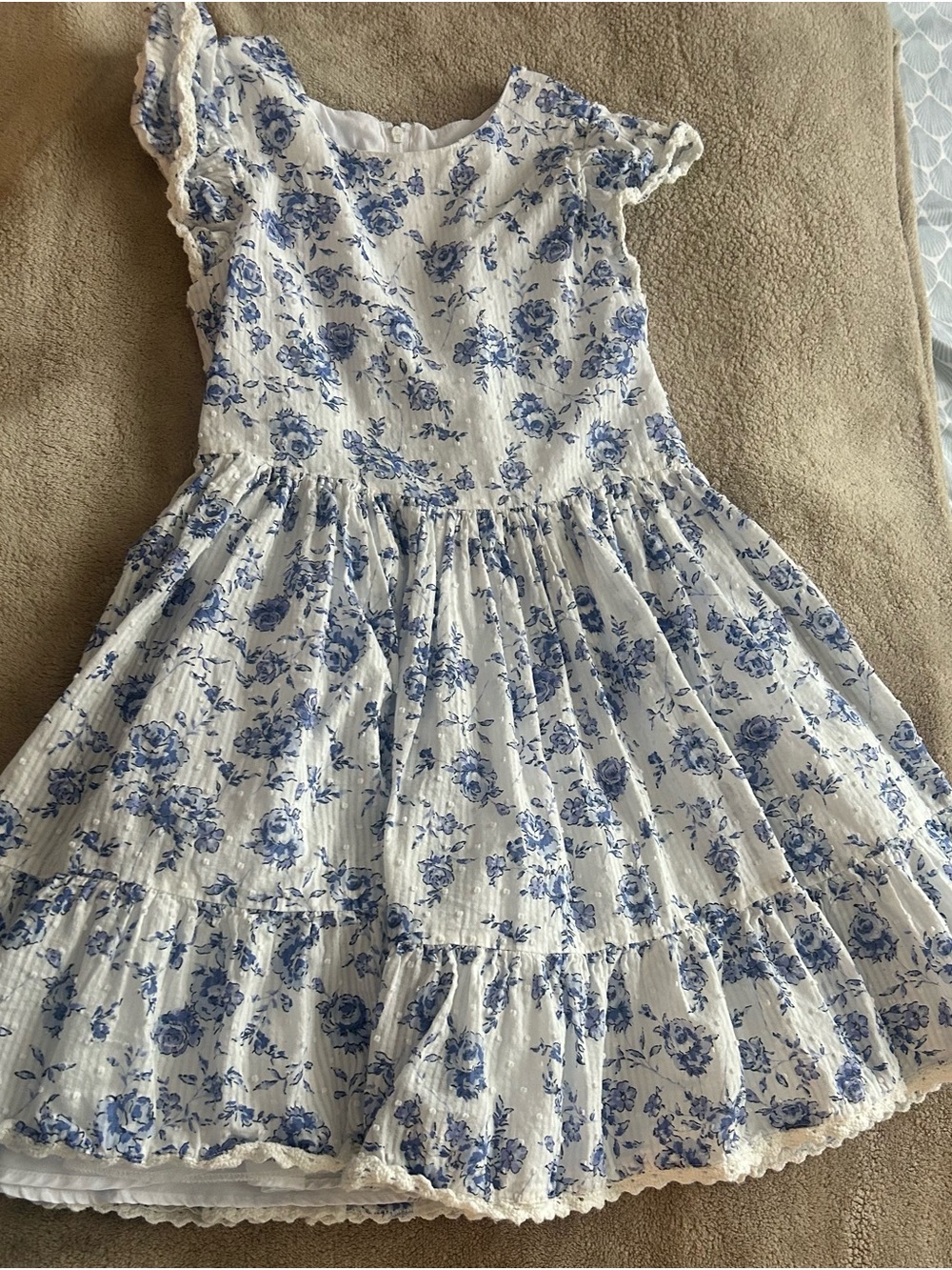 Girls' White Dress with Blue Floral Print - Casual Summer Dress